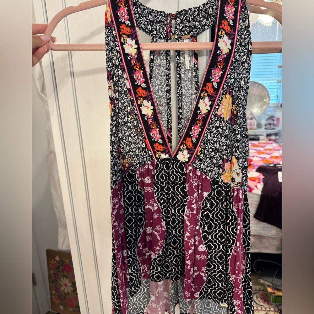 Free People Black and Pink Floral Boho Top